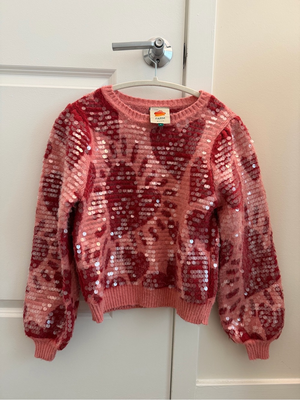 FARM Rio Pink Sequin Floral-Print Crewneck Sweater